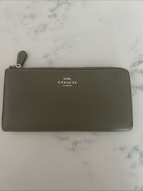 Coach Olive Green Zip-Around Leather Wallet with Silver Logo